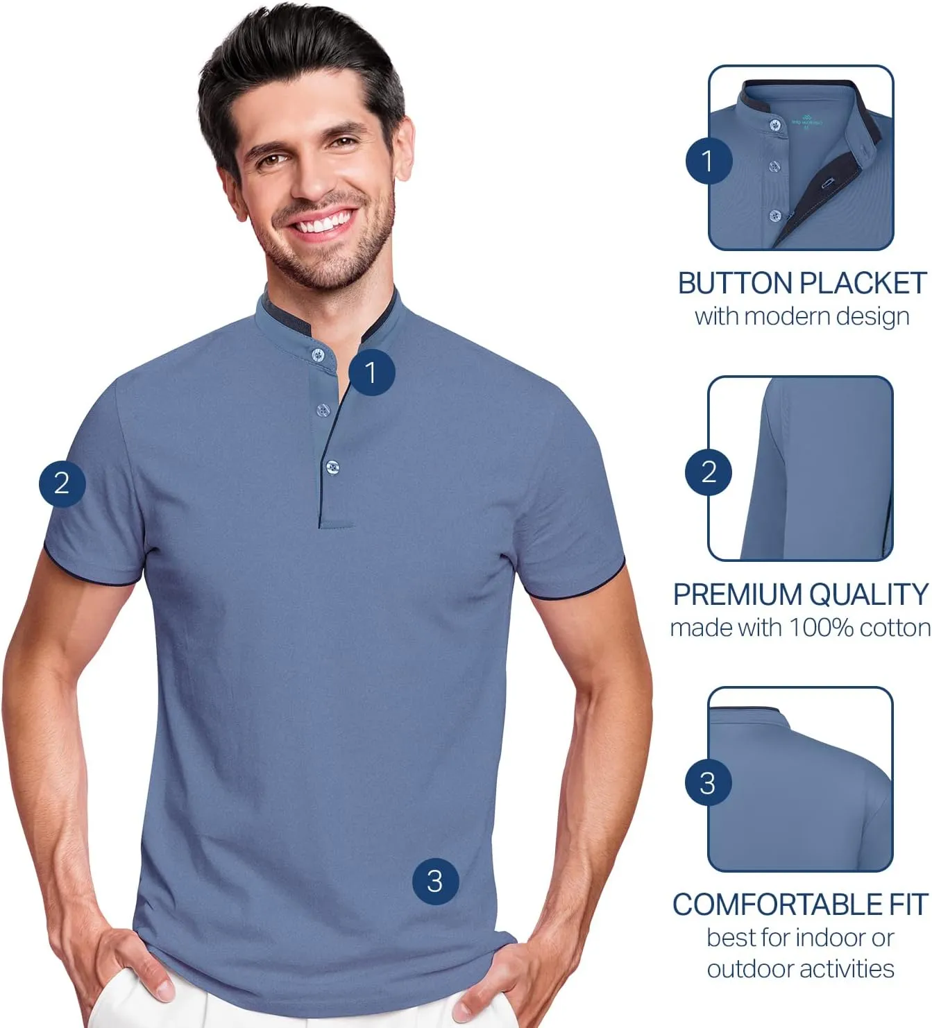Mio Marino French Collar Henley Polo Shirt for Men – Lightweight - Moisture Wicking – Breathable Fabric