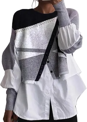 Miyaomn Womens Trendy Patchwork Shirts 2 in 1 Oblique Buttons Lantern Sleeve Pullover Sweater Casual Layered Raglan Loose Top