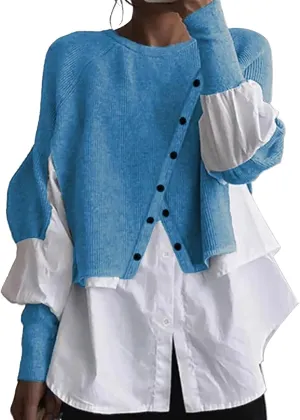 Miyaomn Womens Trendy Patchwork Shirts 2 in 1 Oblique Buttons Lantern Sleeve Pullover Sweater Casual Layered Raglan Loose Top