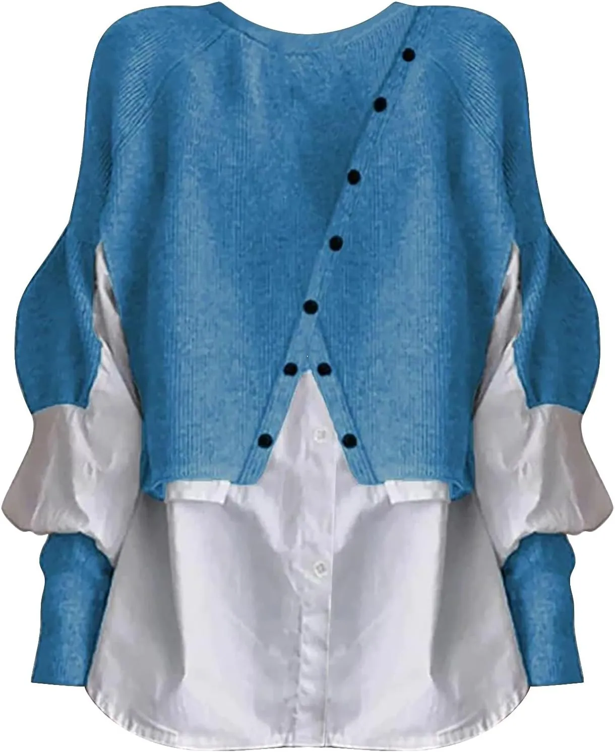 Miyaomn Womens Trendy Patchwork Shirts 2 in 1 Oblique Buttons Lantern Sleeve Pullover Sweater Casual Layered Raglan Loose Top