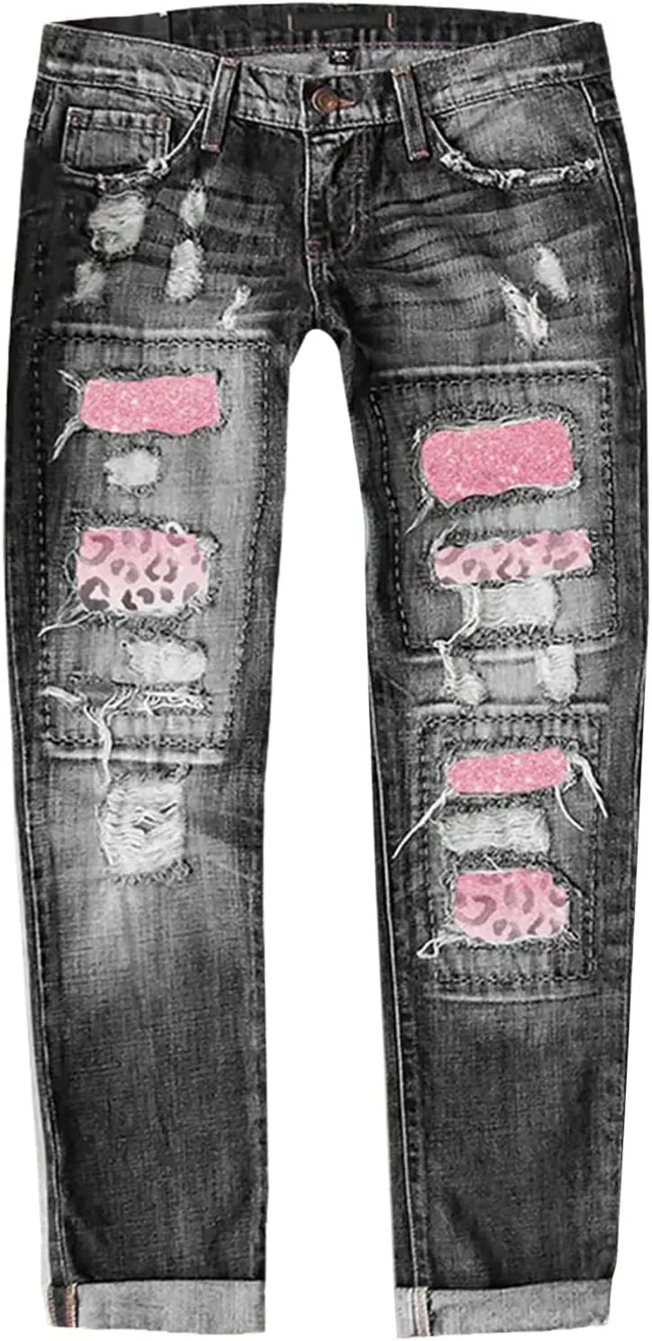 Muyise Boyfriend Jeans for Women Patchwork Distressed Casual Ripped Jeans Stretch Straight Leg Denim Trousers with Pockets