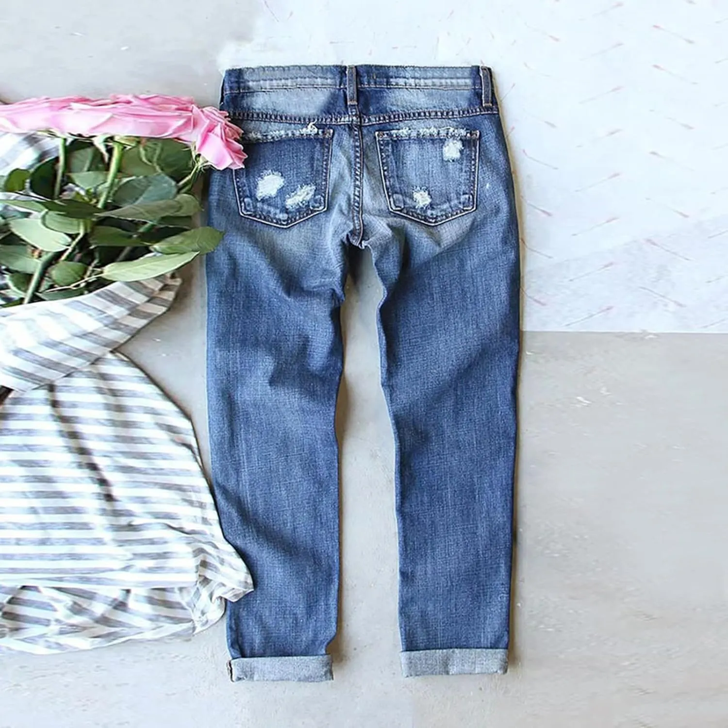 Muyise Boyfriend Jeans for Women Patchwork Distressed Casual Ripped Jeans Stretch Straight Leg Denim Trousers with Pockets