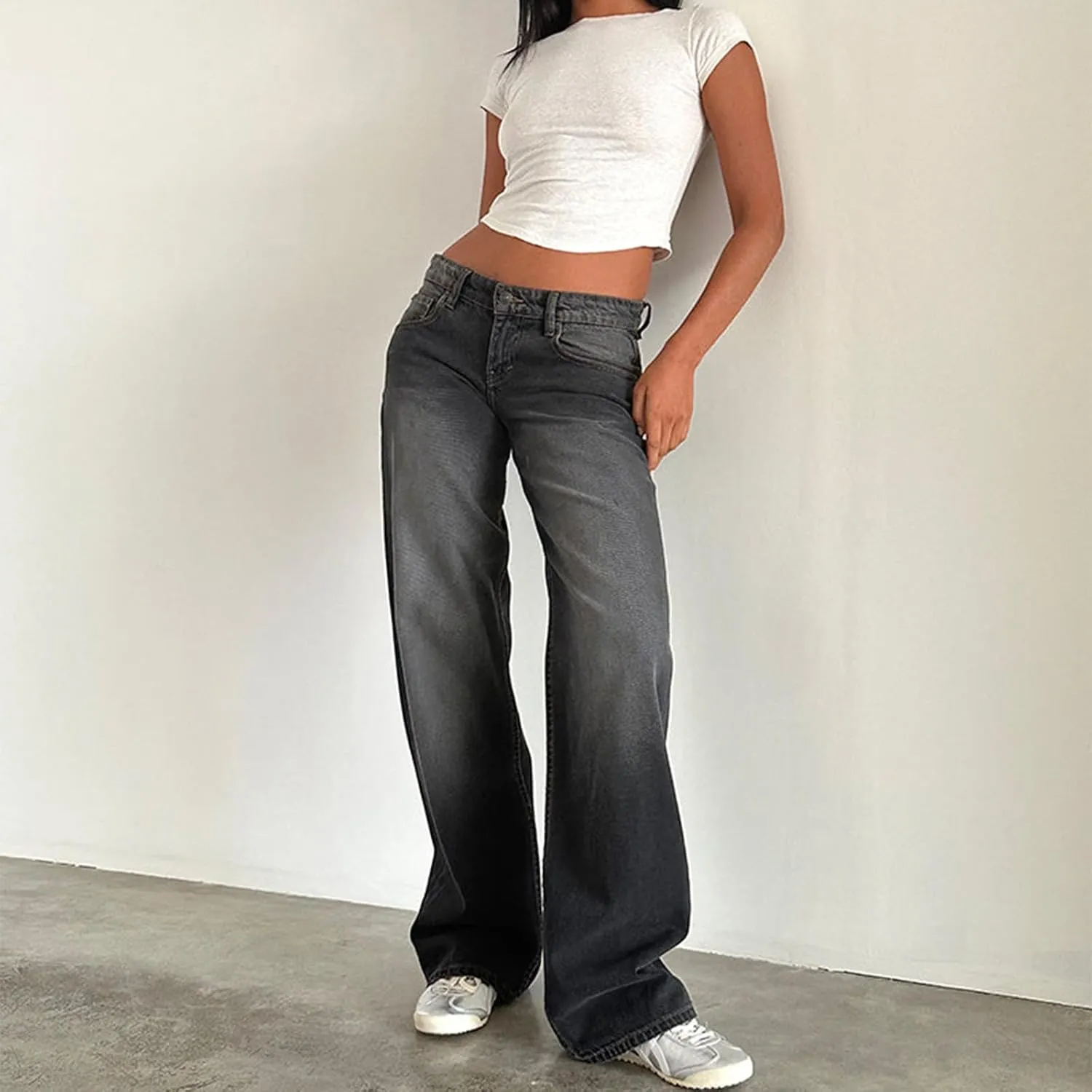 Mxiqqpltky Low Rise Jeans for Women Mom Jeans Wide Straight Leg Baggy Jeans Y2k Vintage Boyfriend Denim Pants Streetwear