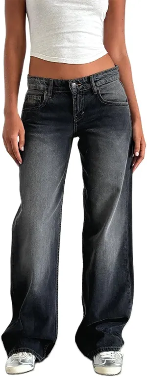 Mxiqqpltky Low Rise Jeans for Women Mom Jeans Wide Straight Leg Baggy Jeans Y2k Vintage Boyfriend Denim Pants Streetwear