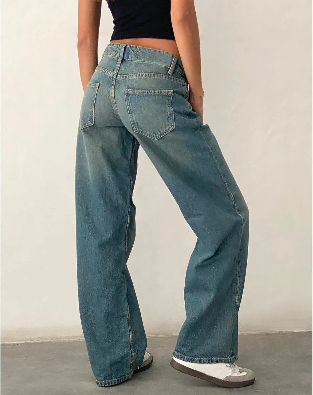 Mxiqqpltky Low Rise Jeans for Women Mom Jeans Wide Straight Leg Baggy Jeans Y2k Vintage Boyfriend Denim Pants Streetwear