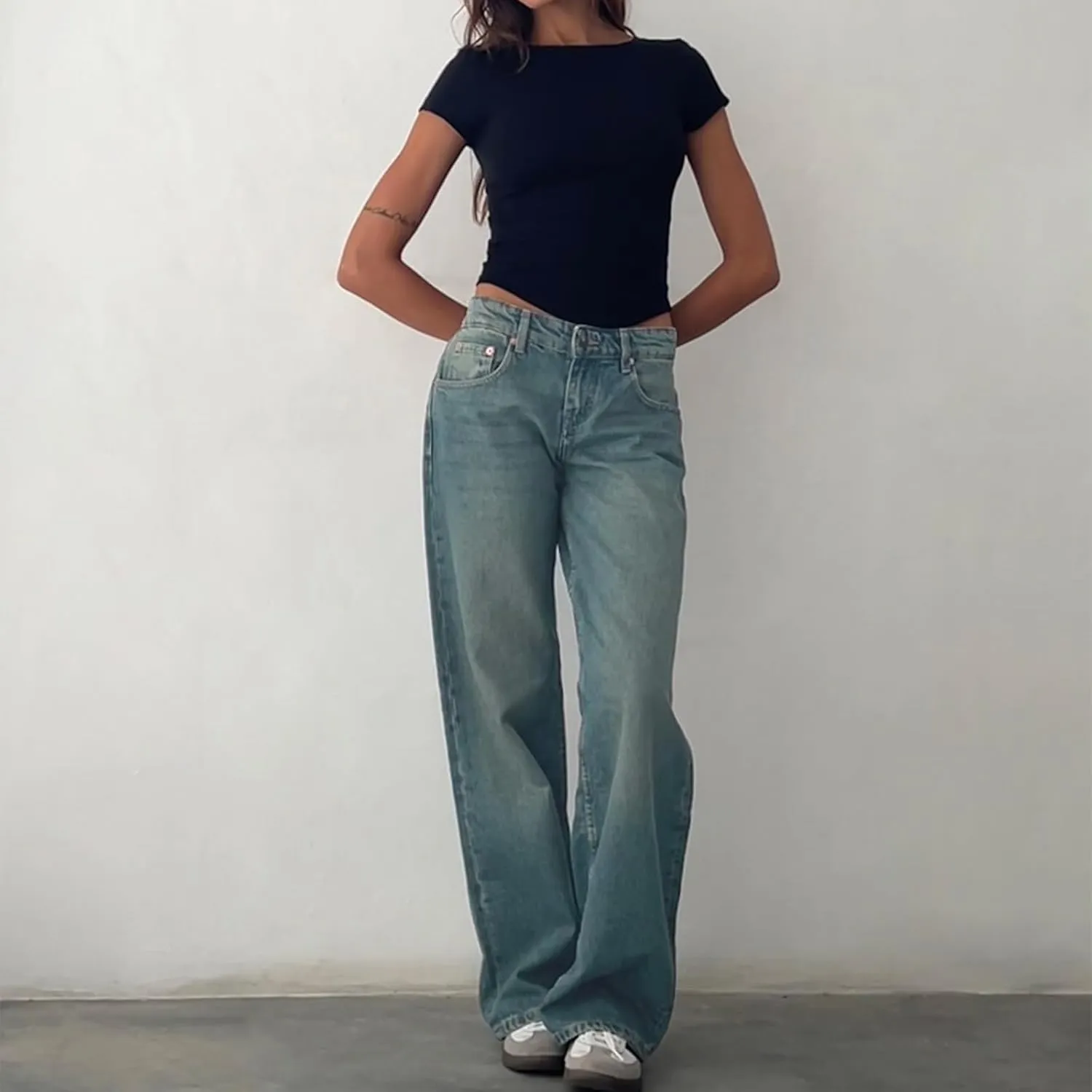Mxiqqpltky Low Rise Jeans for Women Mom Jeans Wide Straight Leg Baggy Jeans Y2k Vintage Boyfriend Denim Pants Streetwear