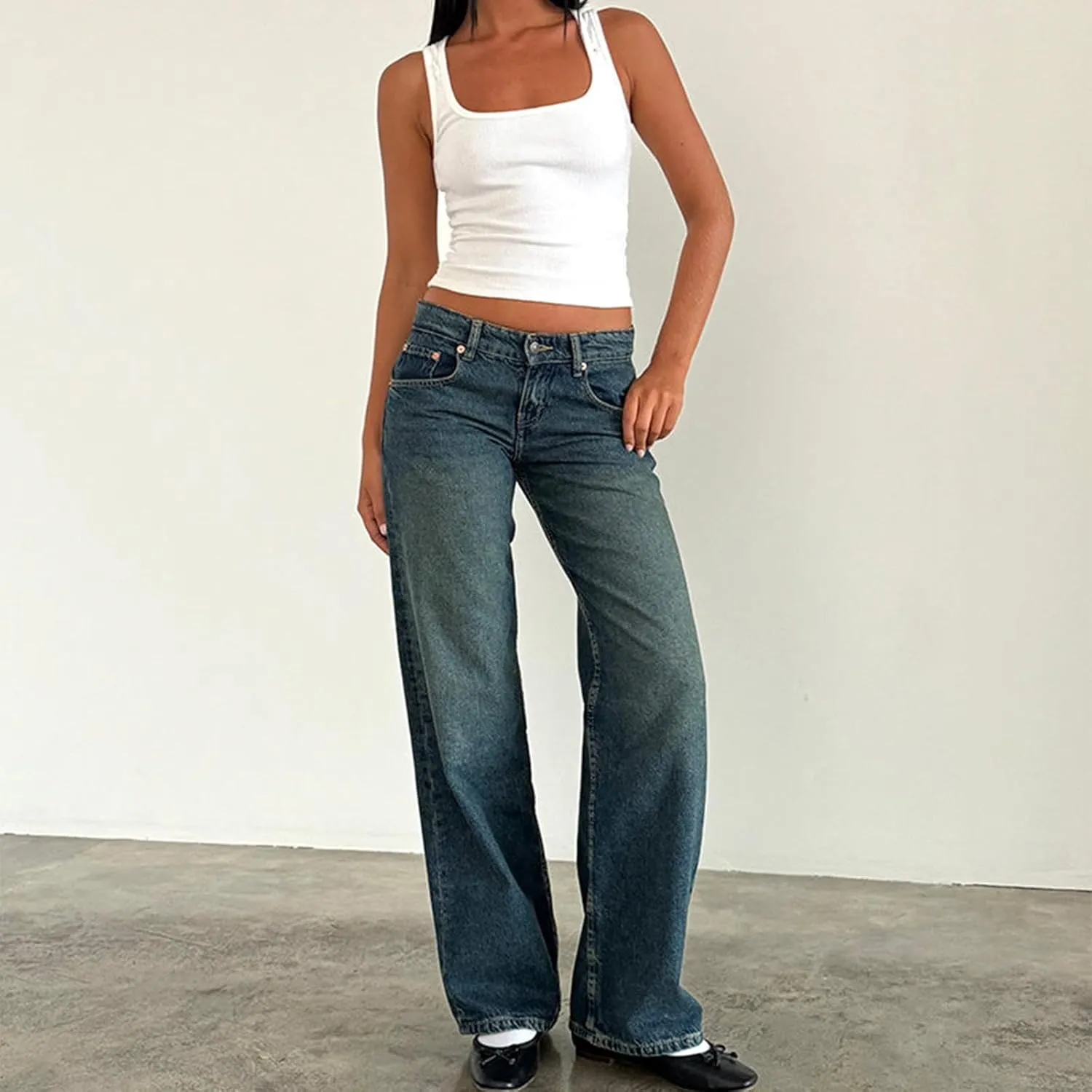 Mxiqqpltky Low Rise Jeans for Women Mom Jeans Wide Straight Leg Baggy Jeans Y2k Vintage Boyfriend Denim Pants Streetwear
