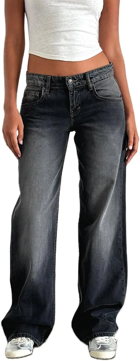 Mxiqqpltky Low Rise Jeans for Women Mom Jeans Wide Straight Leg Baggy Jeans Y2k Vintage Boyfriend Denim Pants Streetwear