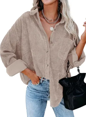 Necooer Womens Corduroy Shirts Button Down Long Sleeve Blouses Boyfriend Tops Oversized Jacket