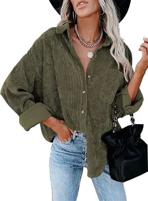 Necooer Womens Corduroy Shirts Button Down Long Sleeve Blouses Boyfriend Tops Oversized Jacket