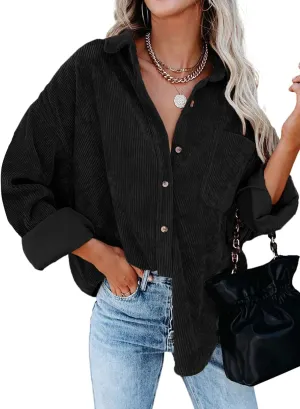 Necooer Womens Corduroy Shirts Button Down Long Sleeve Blouses Boyfriend Tops Oversized Jacket