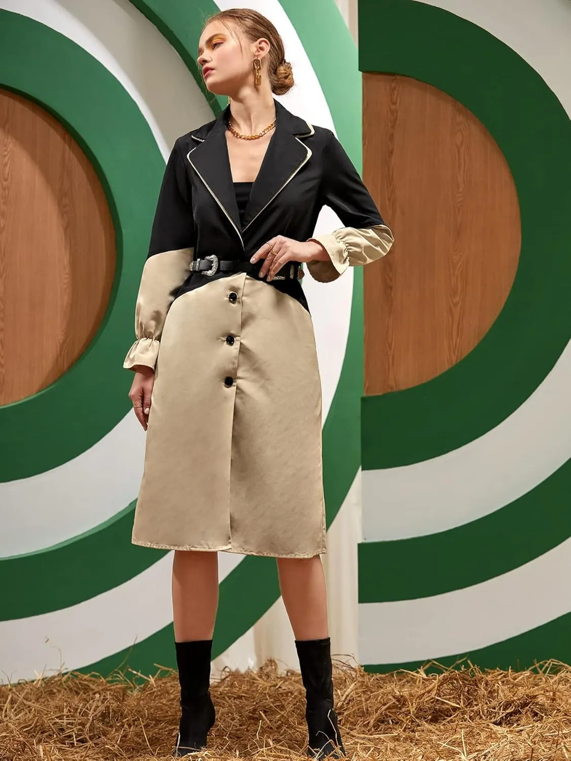 NOBRIM Jackets for Women - Rocha Two Tone Flounce Sleeve Trench Coat Without Belt (Size : Medium)