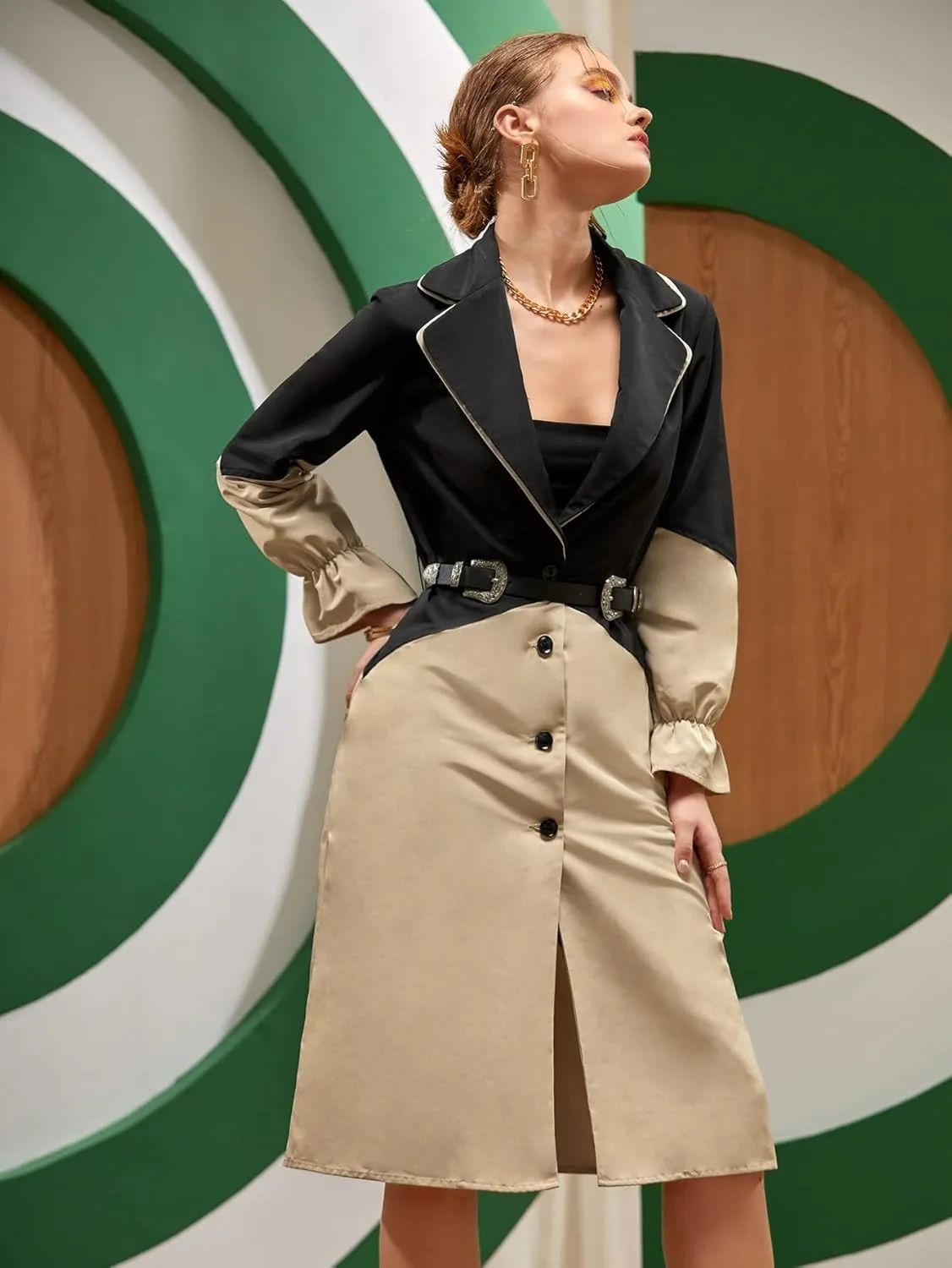 NOBRIM Jackets for Women - Rocha Two Tone Flounce Sleeve Trench Coat Without Belt (Size : Medium)