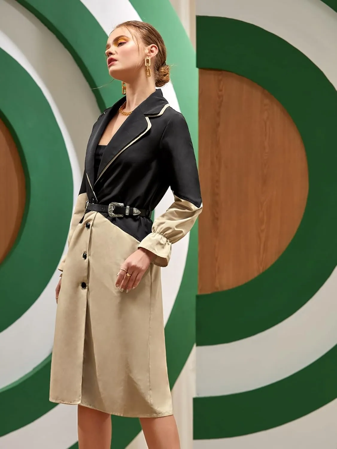NOBRIM Jackets for Women - Rocha Two Tone Flounce Sleeve Trench Coat Without Belt (Size : Medium)