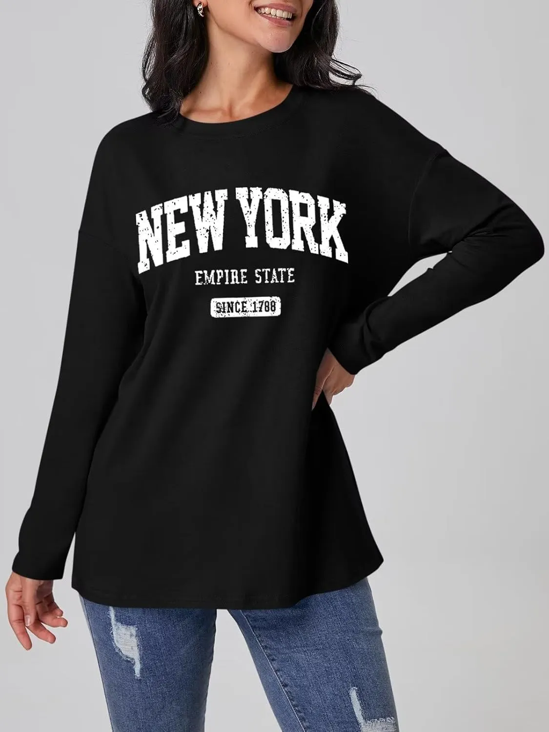 ORANDESIGNE Women Graphic Long Sleeve T Shirts Oversized Letter Print Tees Casual Crewneck Tunic Tops