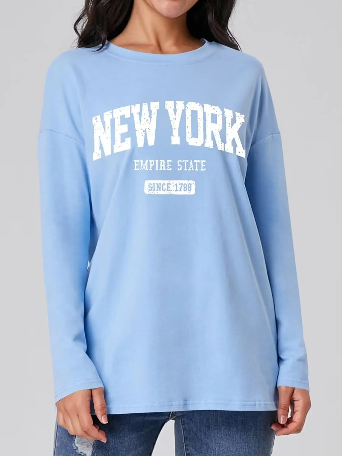 ORANDESIGNE Women Graphic Long Sleeve T Shirts Oversized Letter Print Tees Casual Crewneck Tunic Tops