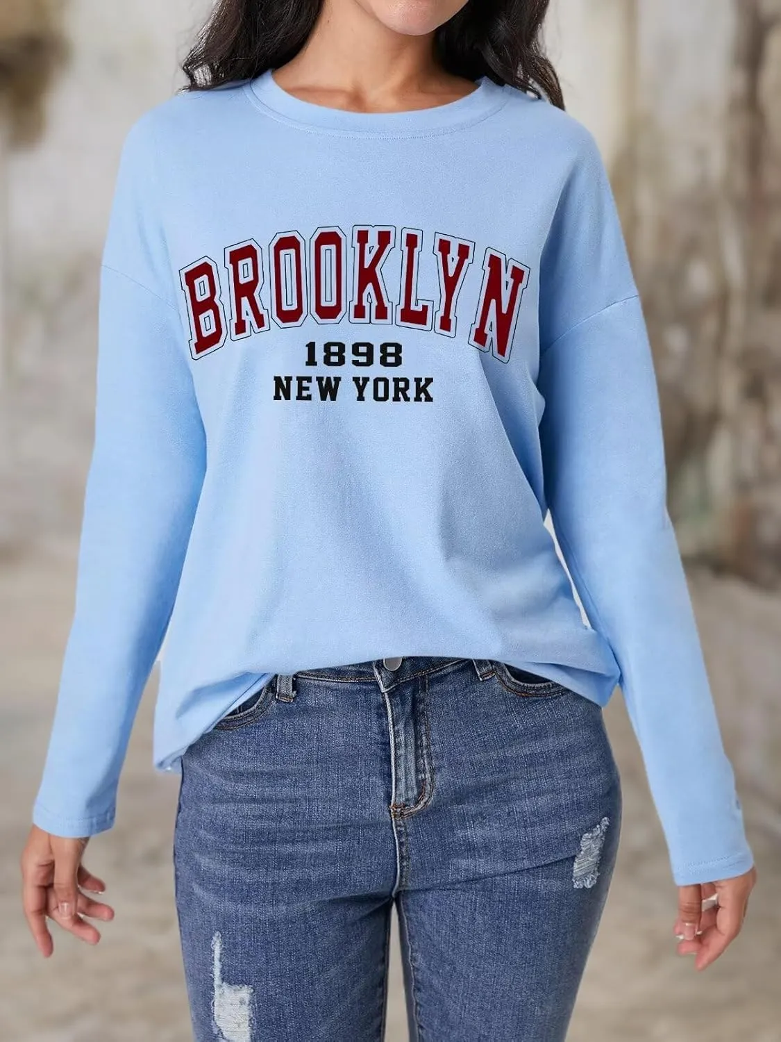 ORANDESIGNE Women Graphic Long Sleeve T Shirts Oversized Letter Print Tees Casual Crewneck Tunic Tops