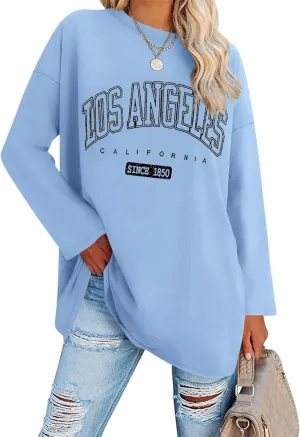 ORANDESIGNE Women Graphic Long Sleeve T Shirts Oversized Letter Print Tees Casual Crewneck Tunic Tops