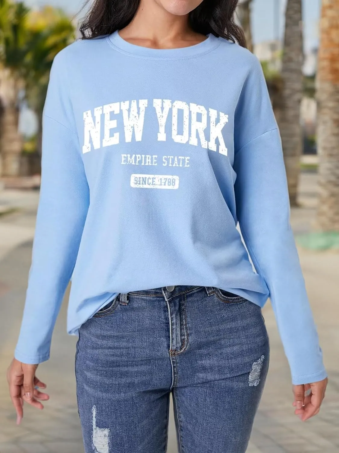 ORANDESIGNE Women Graphic Long Sleeve T Shirts Oversized Letter Print Tees Casual Crewneck Tunic Tops