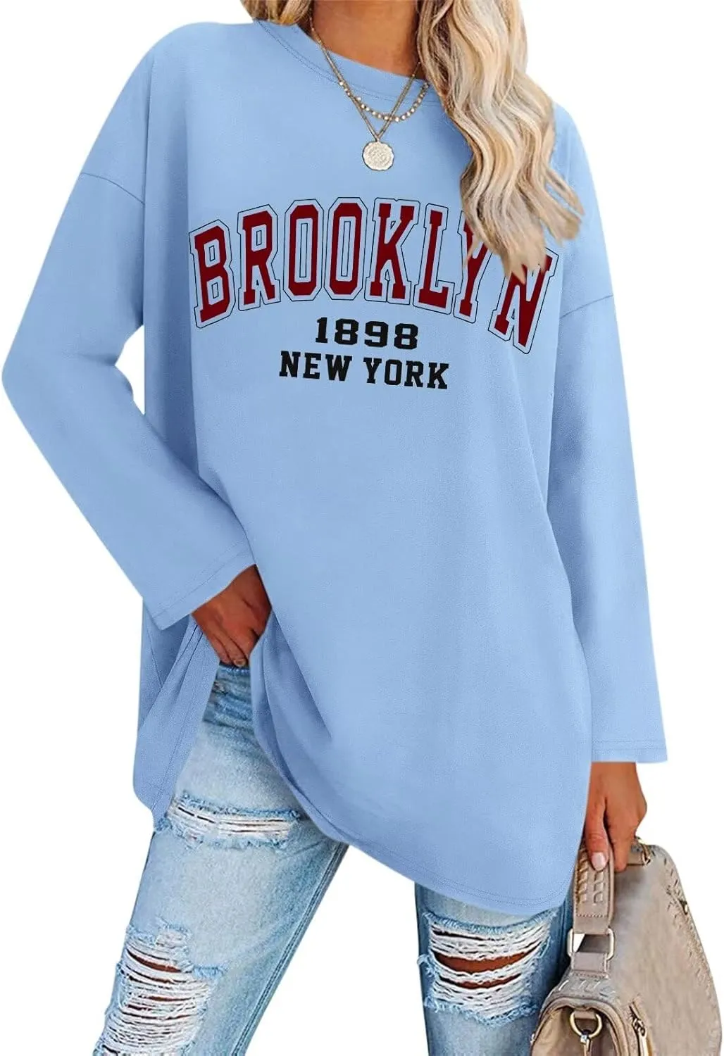 ORANDESIGNE Women Graphic Long Sleeve T Shirts Oversized Letter Print Tees Casual Crewneck Tunic Tops