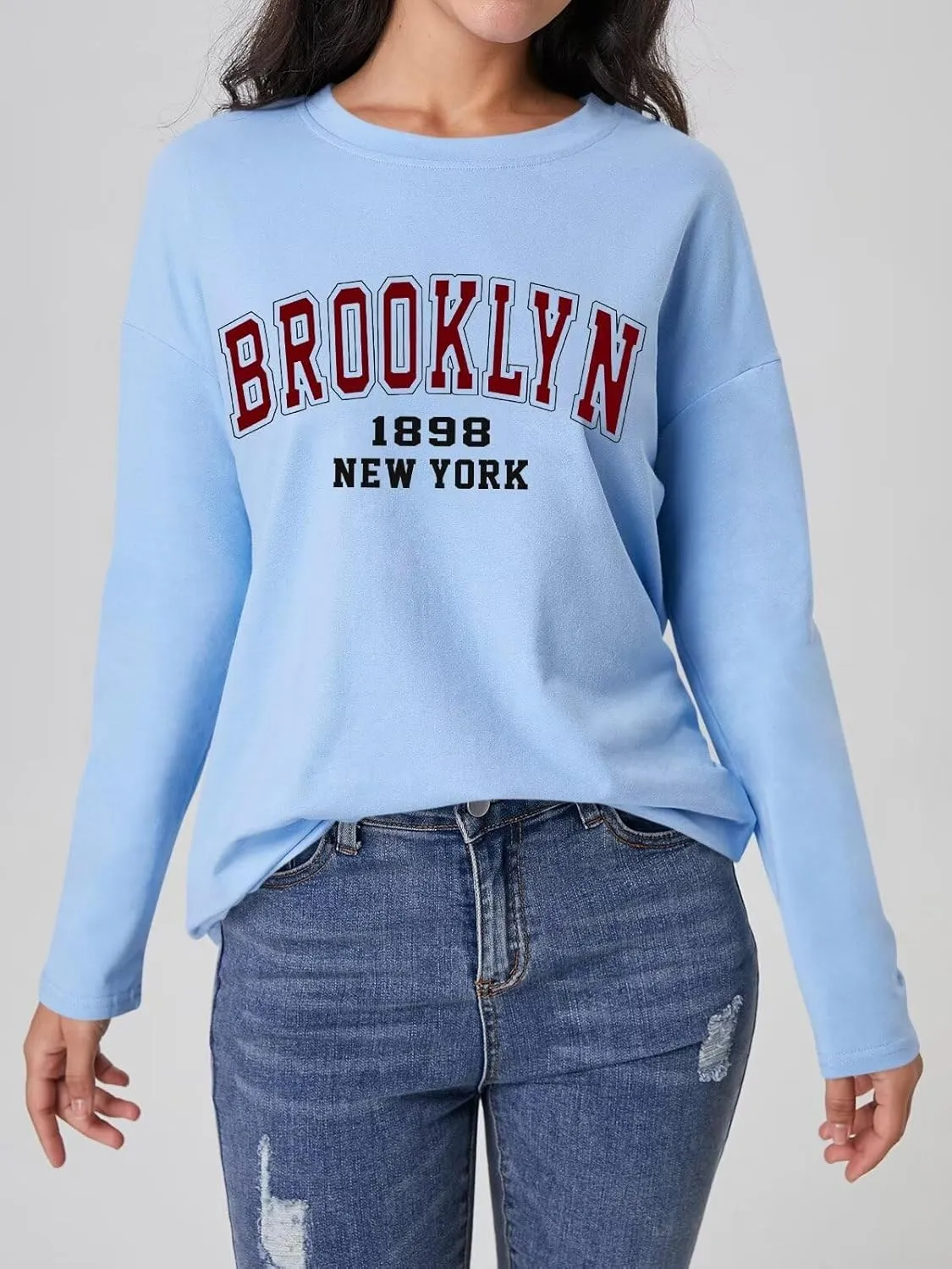 ORANDESIGNE Women Graphic Long Sleeve T Shirts Oversized Letter Print Tees Casual Crewneck Tunic Tops