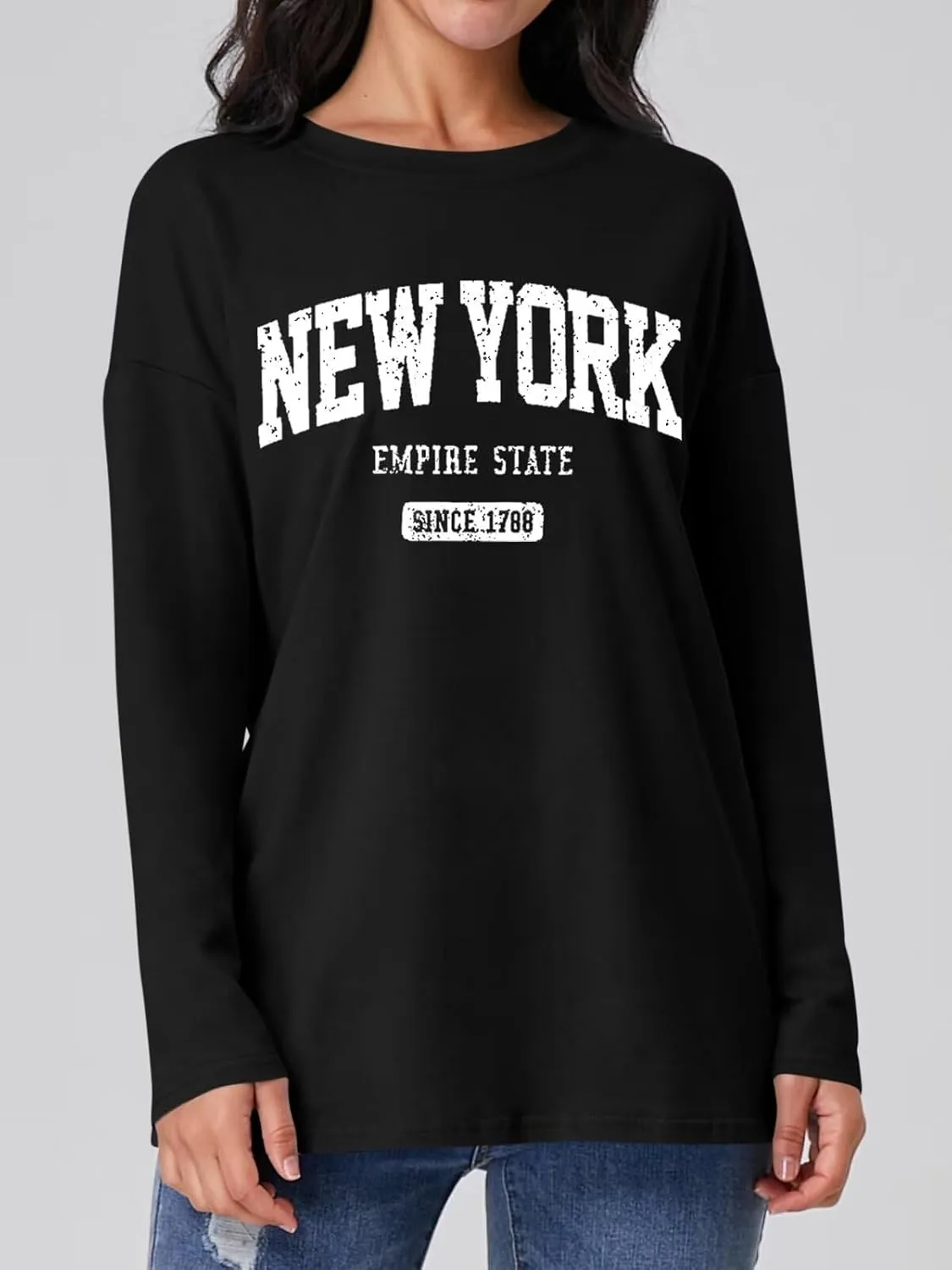 ORANDESIGNE Women Graphic Long Sleeve T Shirts Oversized Letter Print Tees Casual Crewneck Tunic Tops