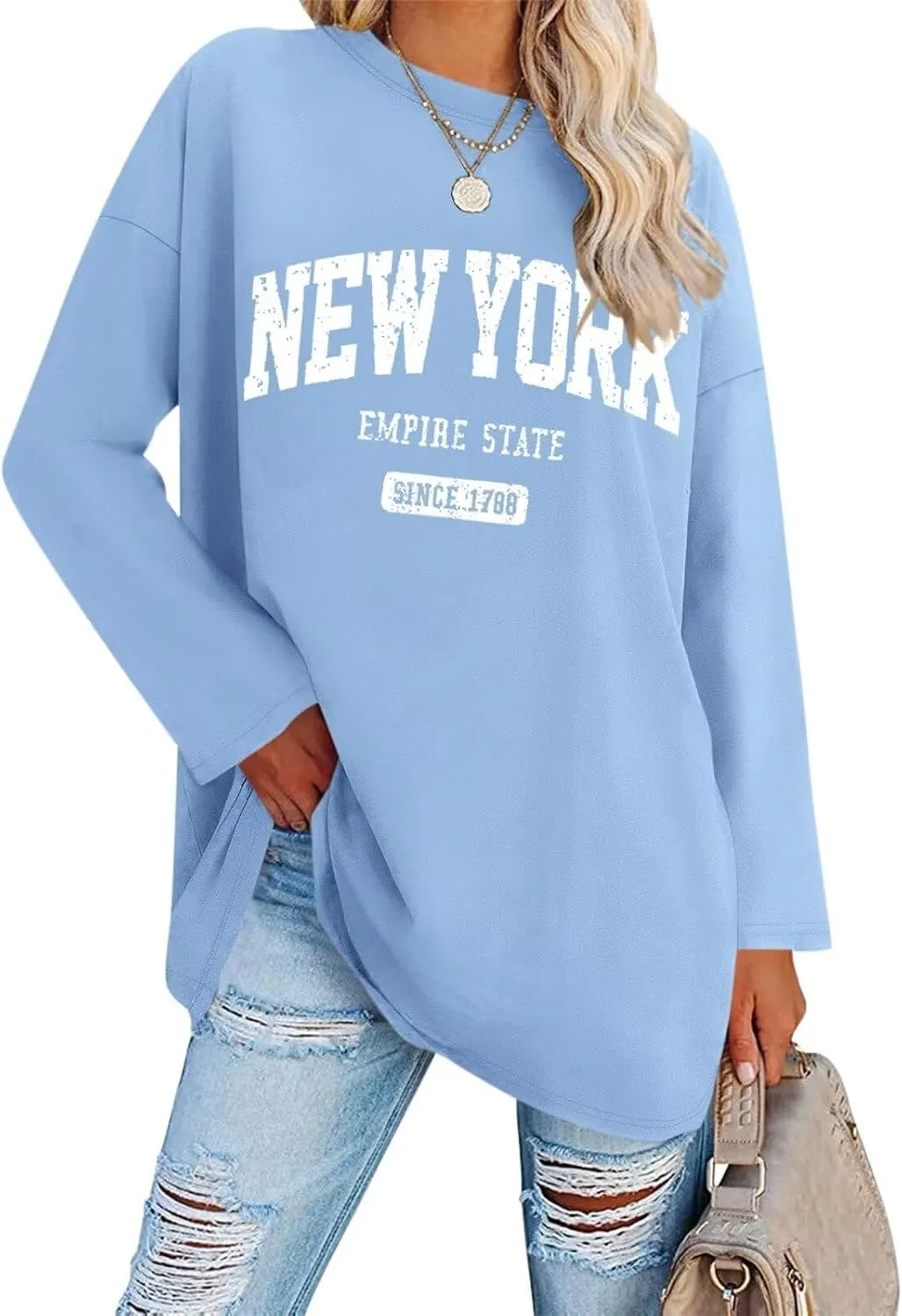 ORANDESIGNE Women Graphic Long Sleeve T Shirts Oversized Letter Print Tees Casual Crewneck Tunic Tops