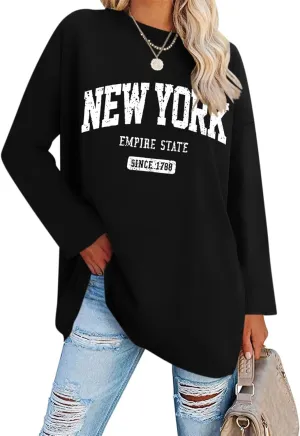 ORANDESIGNE Women Graphic Long Sleeve T Shirts Oversized Letter Print Tees Casual Crewneck Tunic Tops