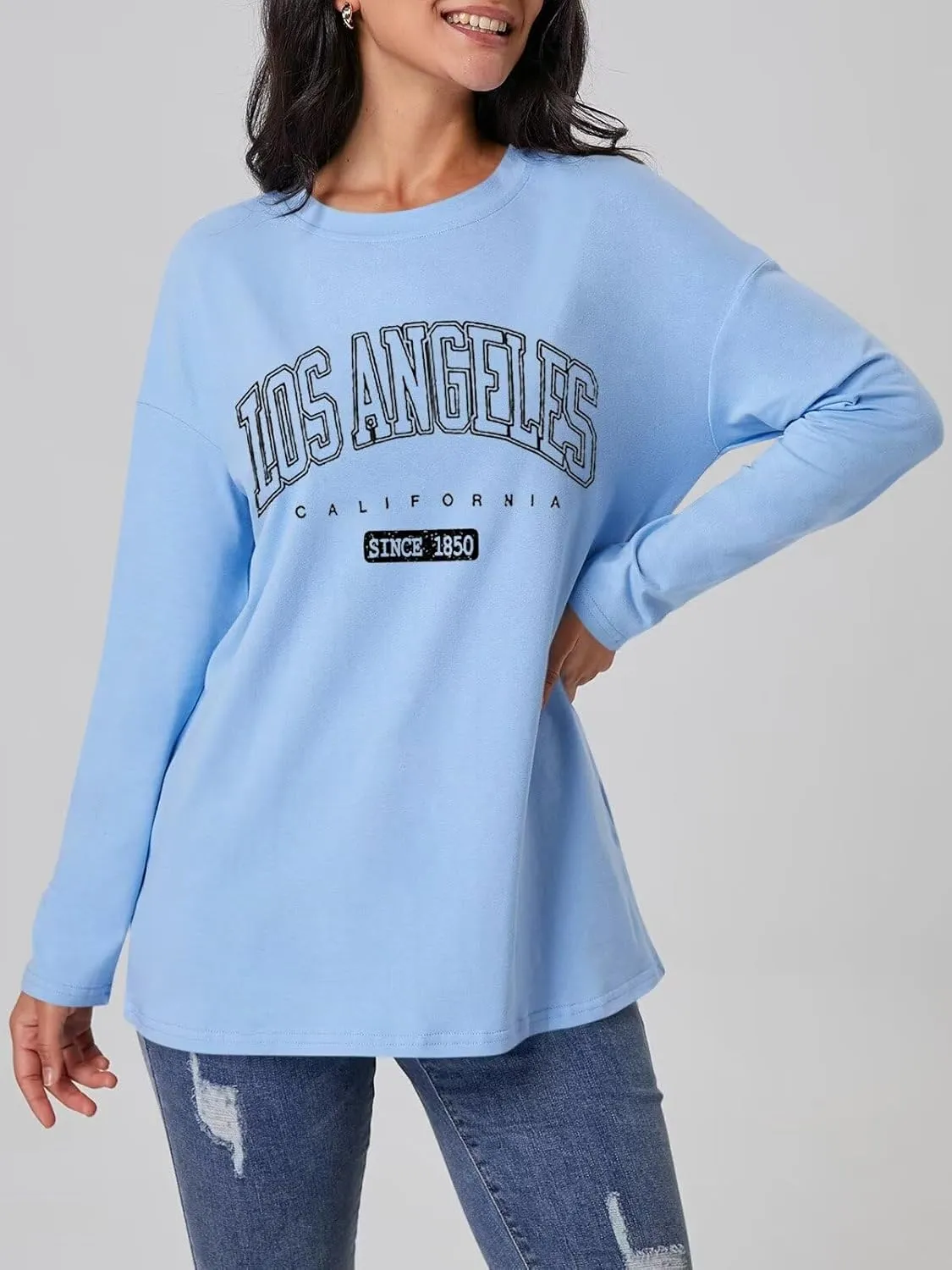 ORANDESIGNE Women Graphic Long Sleeve T Shirts Oversized Letter Print Tees Casual Crewneck Tunic Tops