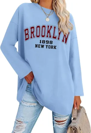 ORANDESIGNE Women Graphic Long Sleeve T Shirts Oversized Letter Print Tees Casual Crewneck Tunic Tops