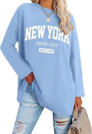 ORANDESIGNE Women Graphic Long Sleeve T Shirts Oversized Letter Print Tees Casual Crewneck Tunic Tops