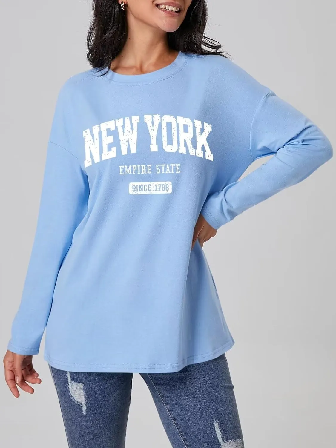 ORANDESIGNE Women Graphic Long Sleeve T Shirts Oversized Letter Print Tees Casual Crewneck Tunic Tops