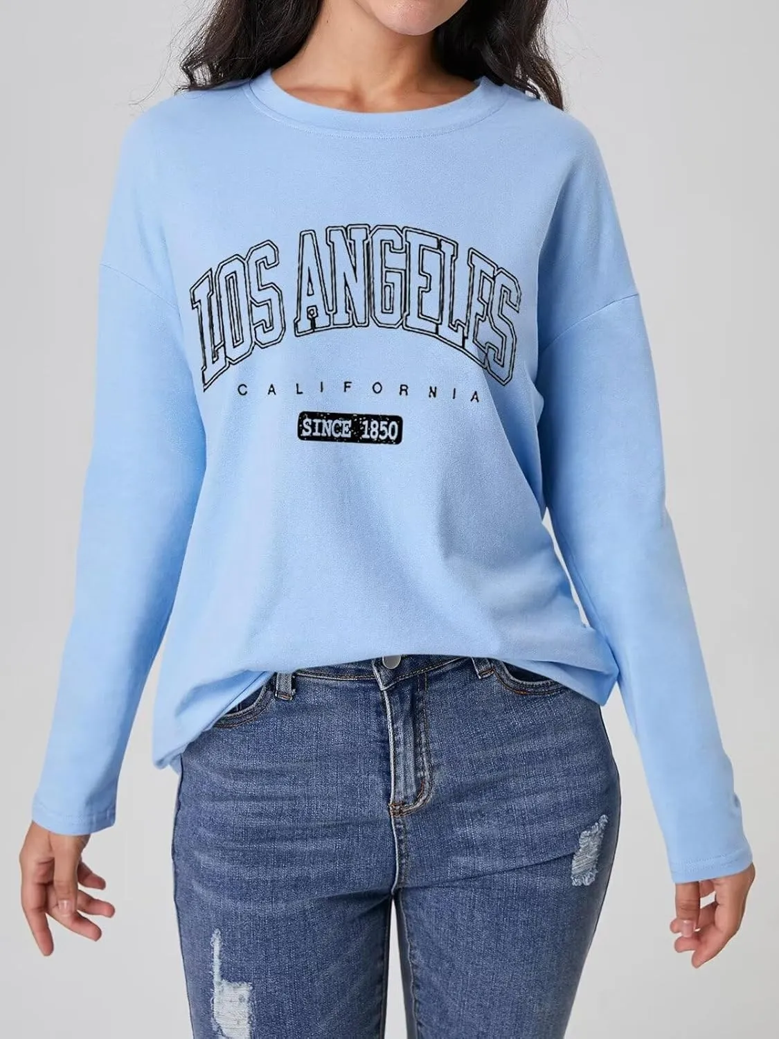 ORANDESIGNE Women Graphic Long Sleeve T Shirts Oversized Letter Print Tees Casual Crewneck Tunic Tops