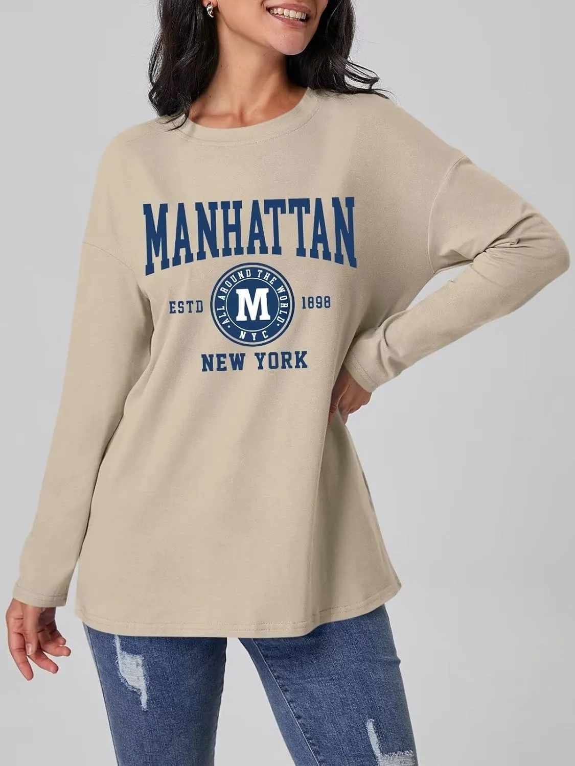 ORANDESIGNE Women Graphic Long Sleeve T Shirts Oversized Letter Print Tees Casual Crewneck Tunic Tops