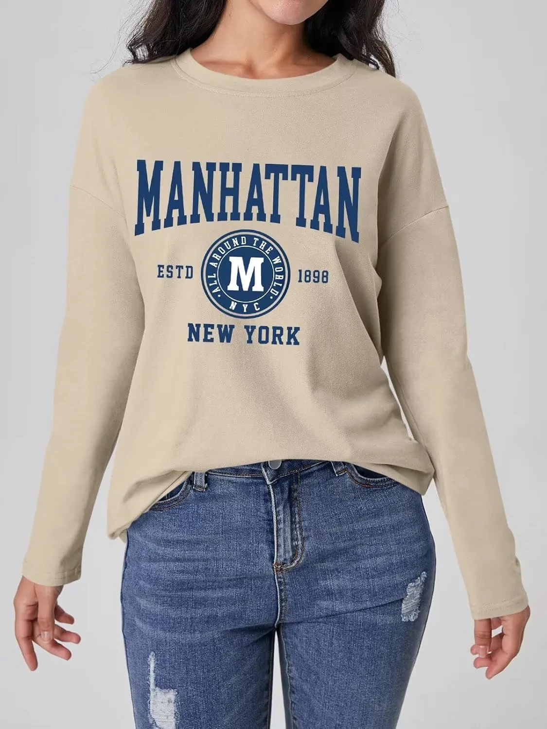 ORANDESIGNE Women Graphic Long Sleeve T Shirts Oversized Letter Print Tees Casual Crewneck Tunic Tops