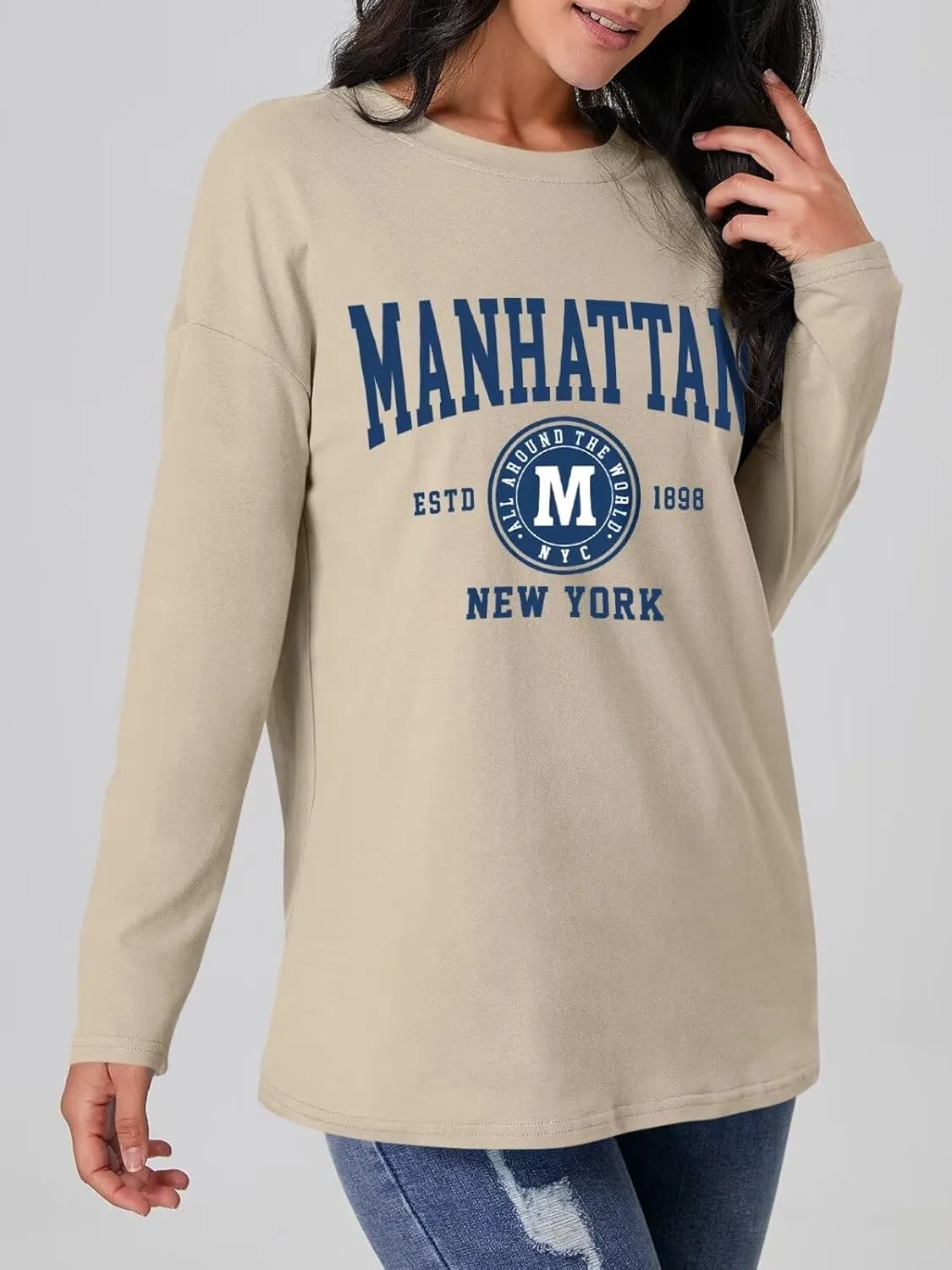 ORANDESIGNE Women Graphic Long Sleeve T Shirts Oversized Letter Print Tees Casual Crewneck Tunic Tops