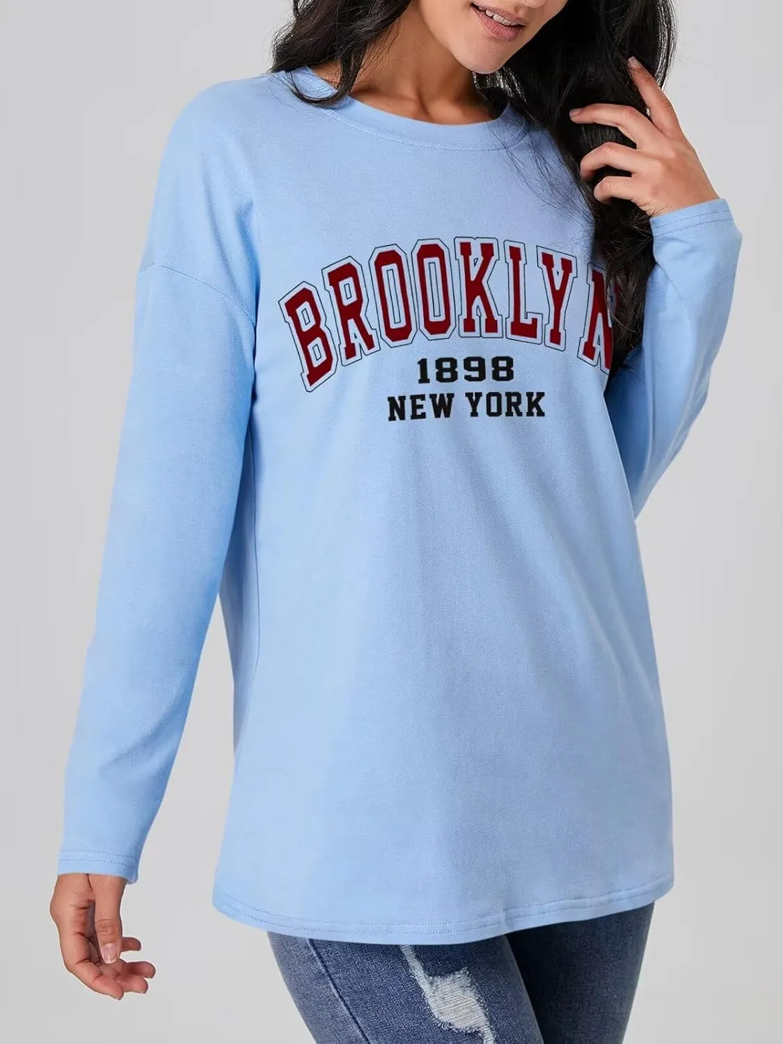 ORANDESIGNE Women Graphic Long Sleeve T Shirts Oversized Letter Print Tees Casual Crewneck Tunic Tops