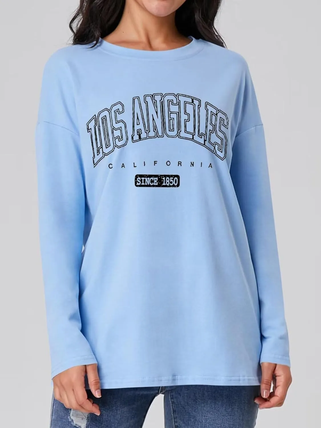 ORANDESIGNE Women Graphic Long Sleeve T Shirts Oversized Letter Print Tees Casual Crewneck Tunic Tops