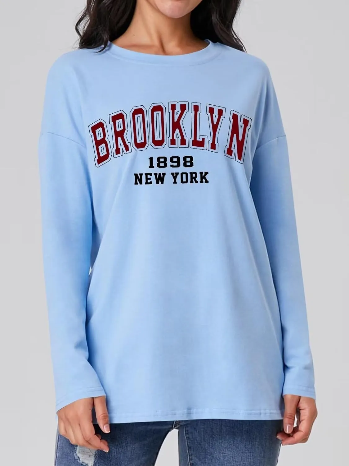 ORANDESIGNE Women Graphic Long Sleeve T Shirts Oversized Letter Print Tees Casual Crewneck Tunic Tops
