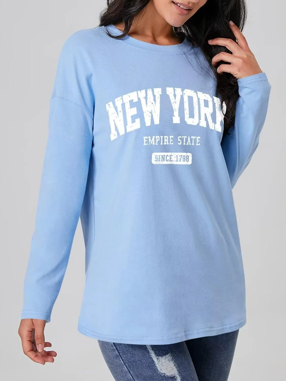 ORANDESIGNE Women Graphic Long Sleeve T Shirts Oversized Letter Print Tees Casual Crewneck Tunic Tops