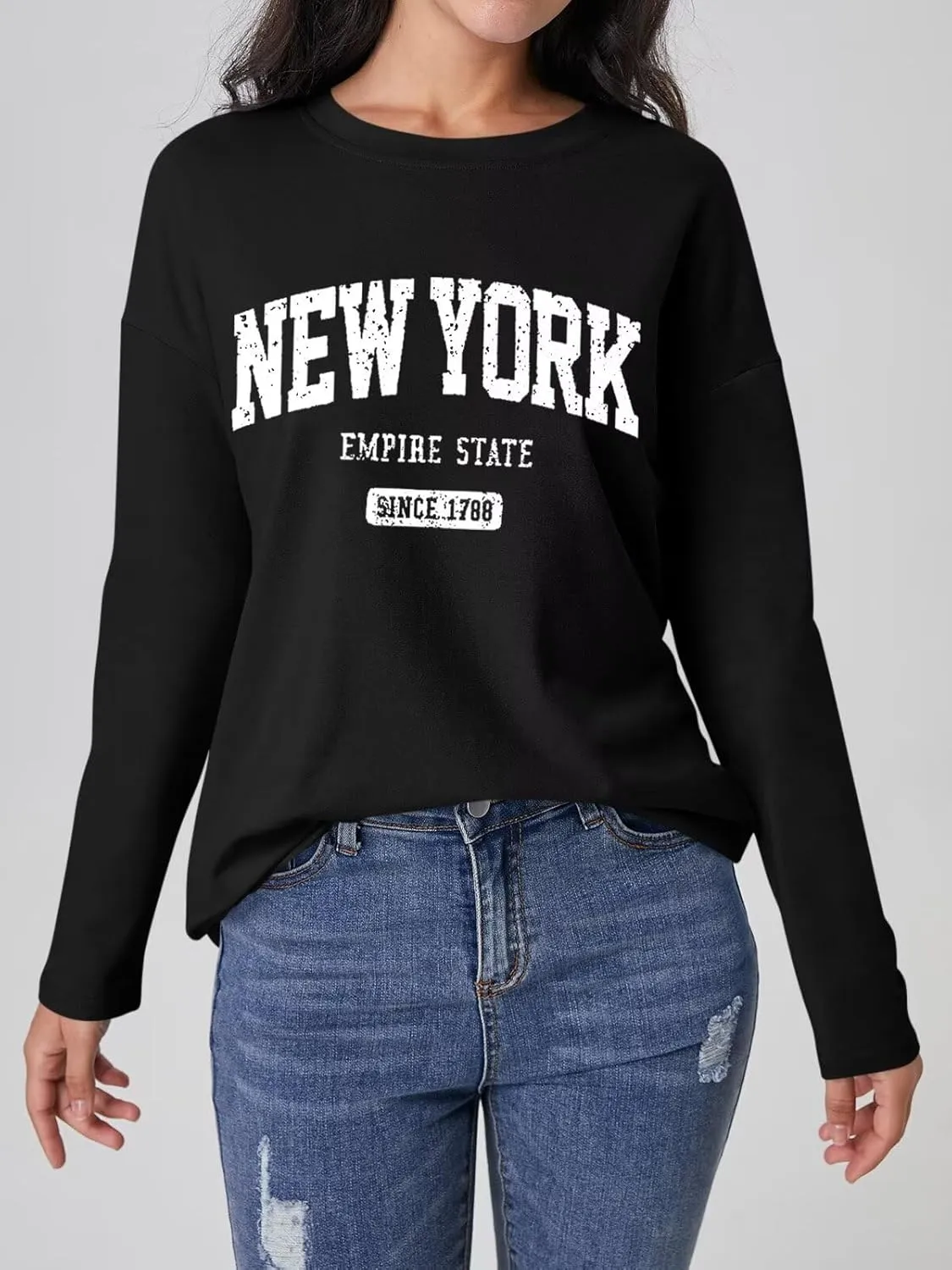 ORANDESIGNE Women Graphic Long Sleeve T Shirts Oversized Letter Print Tees Casual Crewneck Tunic Tops