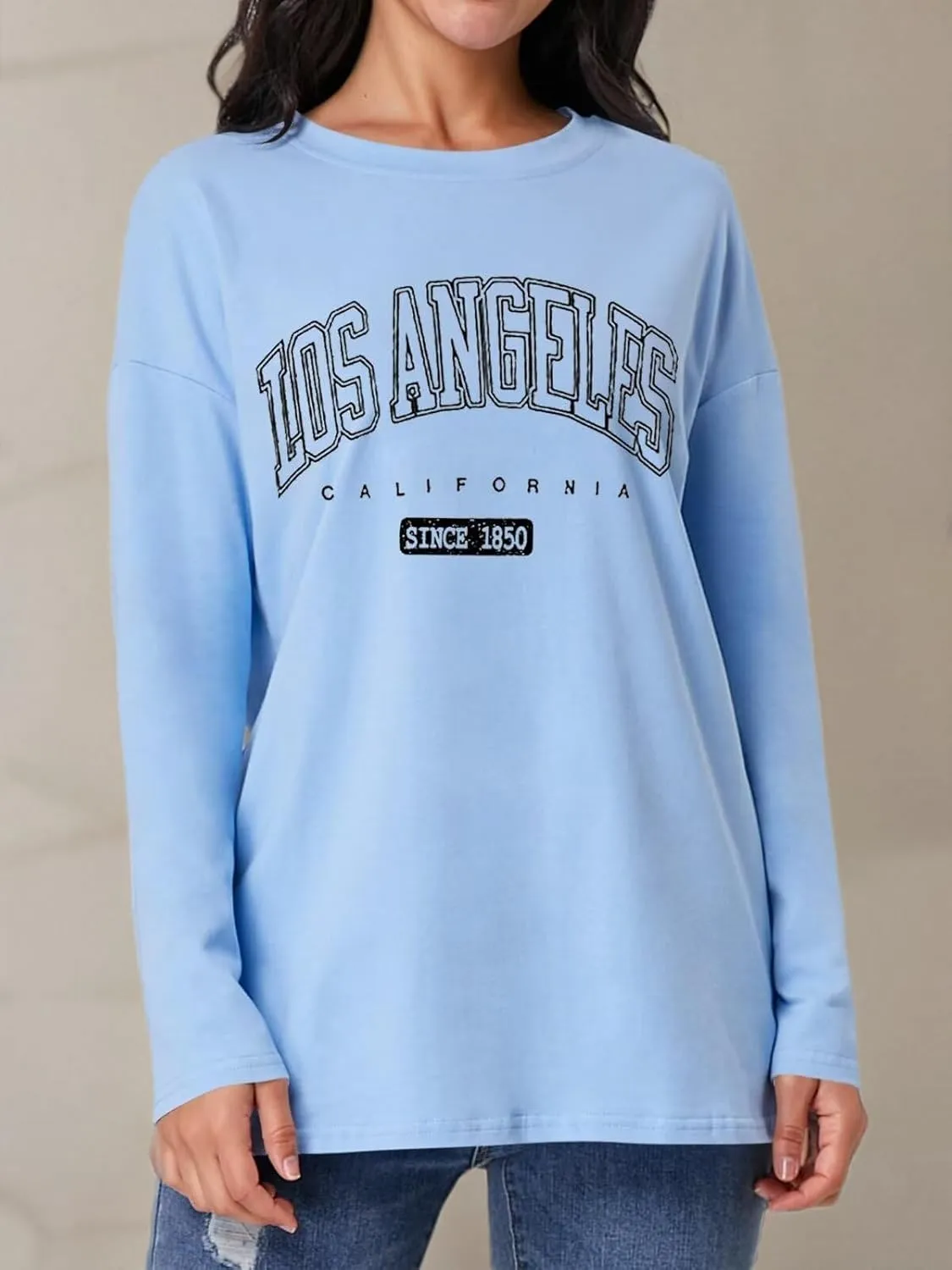 ORANDESIGNE Women Graphic Long Sleeve T Shirts Oversized Letter Print Tees Casual Crewneck Tunic Tops
