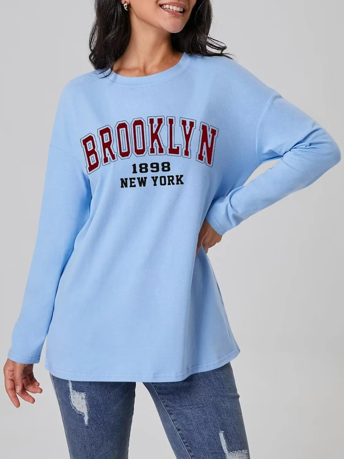 ORANDESIGNE Women Graphic Long Sleeve T Shirts Oversized Letter Print Tees Casual Crewneck Tunic Tops