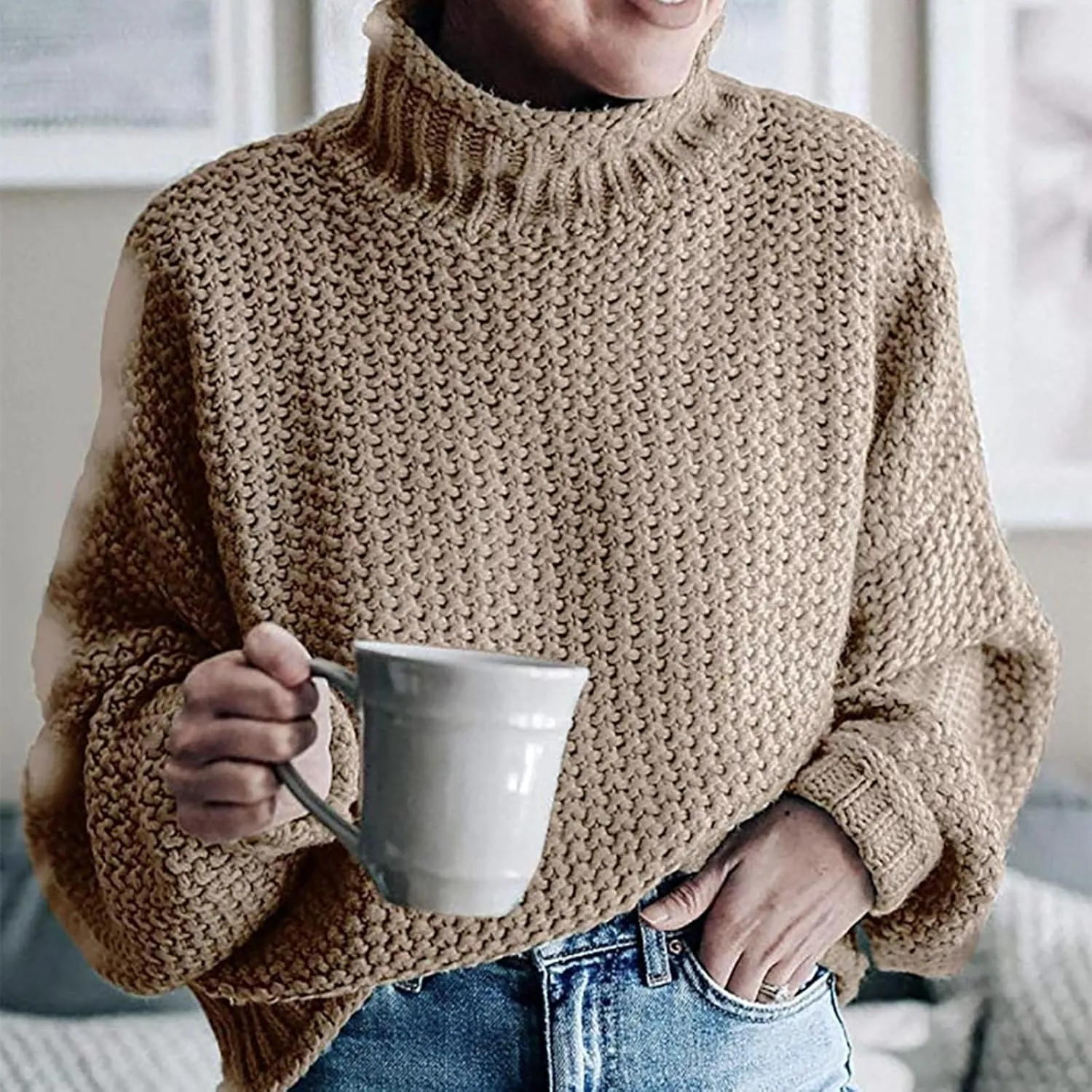 Oversized Sweaters for Women Cable Knit Pullover Sweater Wool Turtleneck Long Sleeve Jumper Fall Winter Casual Tops
