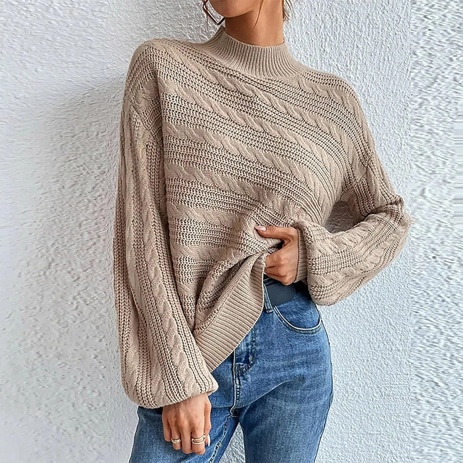 Oversized Sweaters for Women Fall Winter Turtleneck Lantern Sleeves Knitwear Fashionable Versatile Knitted Pullover