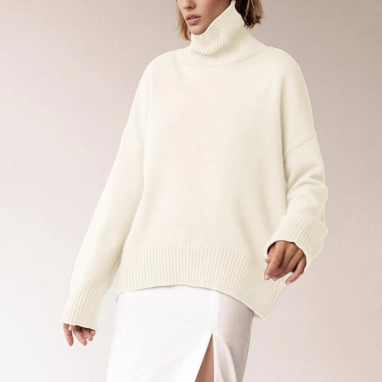 Oversized Sweaters for Women Turtleneck Sweater Long Sleeve Chunky Knitted Pullover High Low Hem Fall Jumper Tops