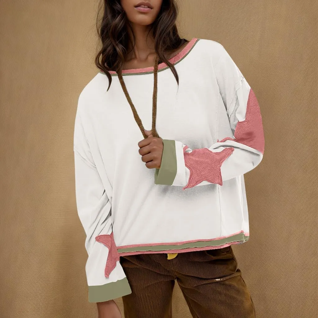 Oversized Sweatshirt for Women Lantern Sleeve Star Pullover Crewneck Corded Shirts Fashion Fall Outfits Trendy 2024
