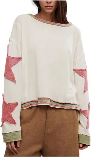 Oversized Sweatshirt for Women Lantern Sleeve Star Pullover Crewneck Corded Shirts Fashion Fall Outfits Trendy 2024