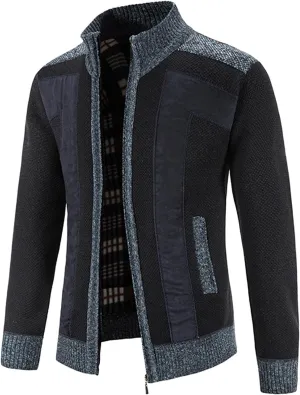 Patchwork Sweater Jackets for Men Full Zip Cardigan Jumpers Casual Stand Collar Jacket Knitted Patchwork Sweaters