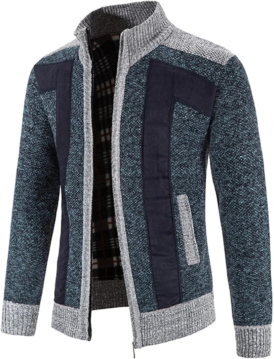 Patchwork Sweater Jackets for Men Full Zip Cardigan Jumpers Casual Stand Collar Jacket Knitted Patchwork Sweaters
